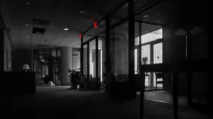 abandoned hotel lobby black and white